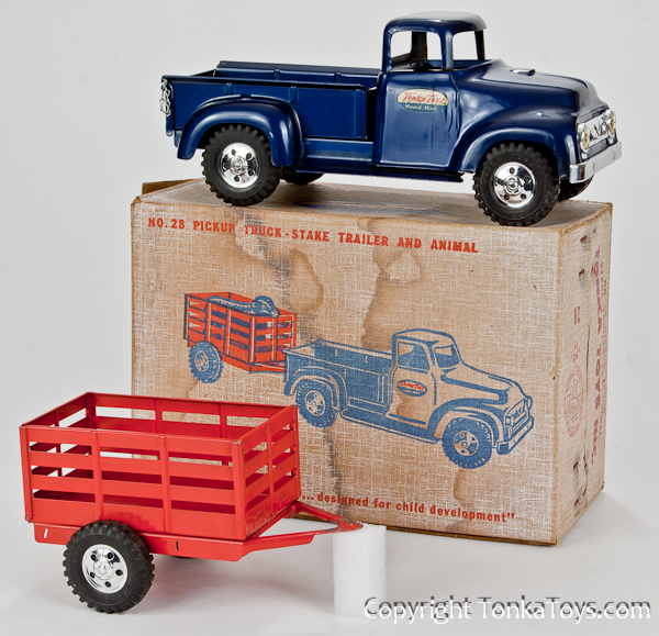 Selling Tonka Toys? 1957 No. 28 Blue 1957 Pickup and Red trailer set boxed.